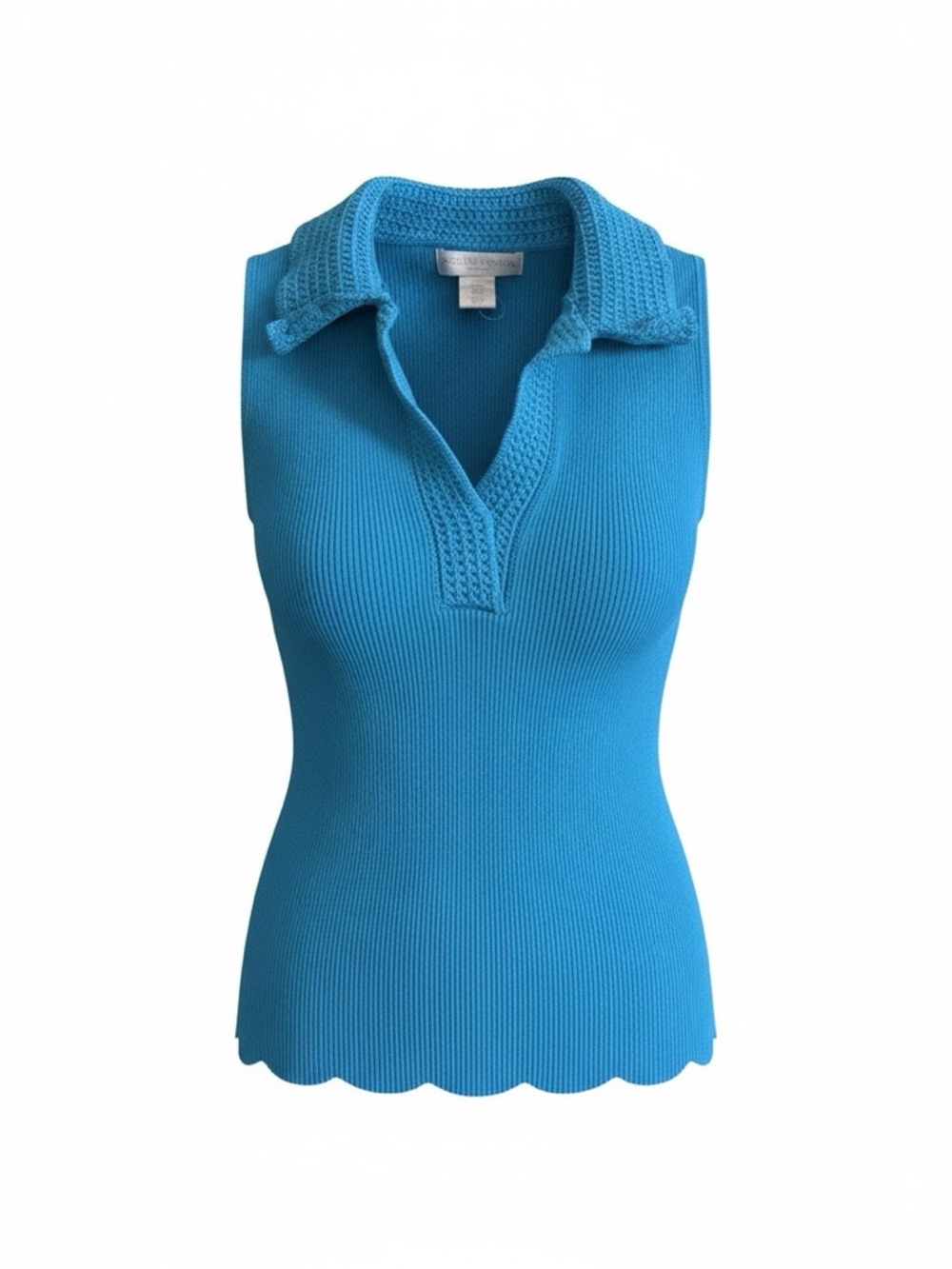 Caroline Constas Bright Blue Ribbed Polo Tank with Scalloped Hem
